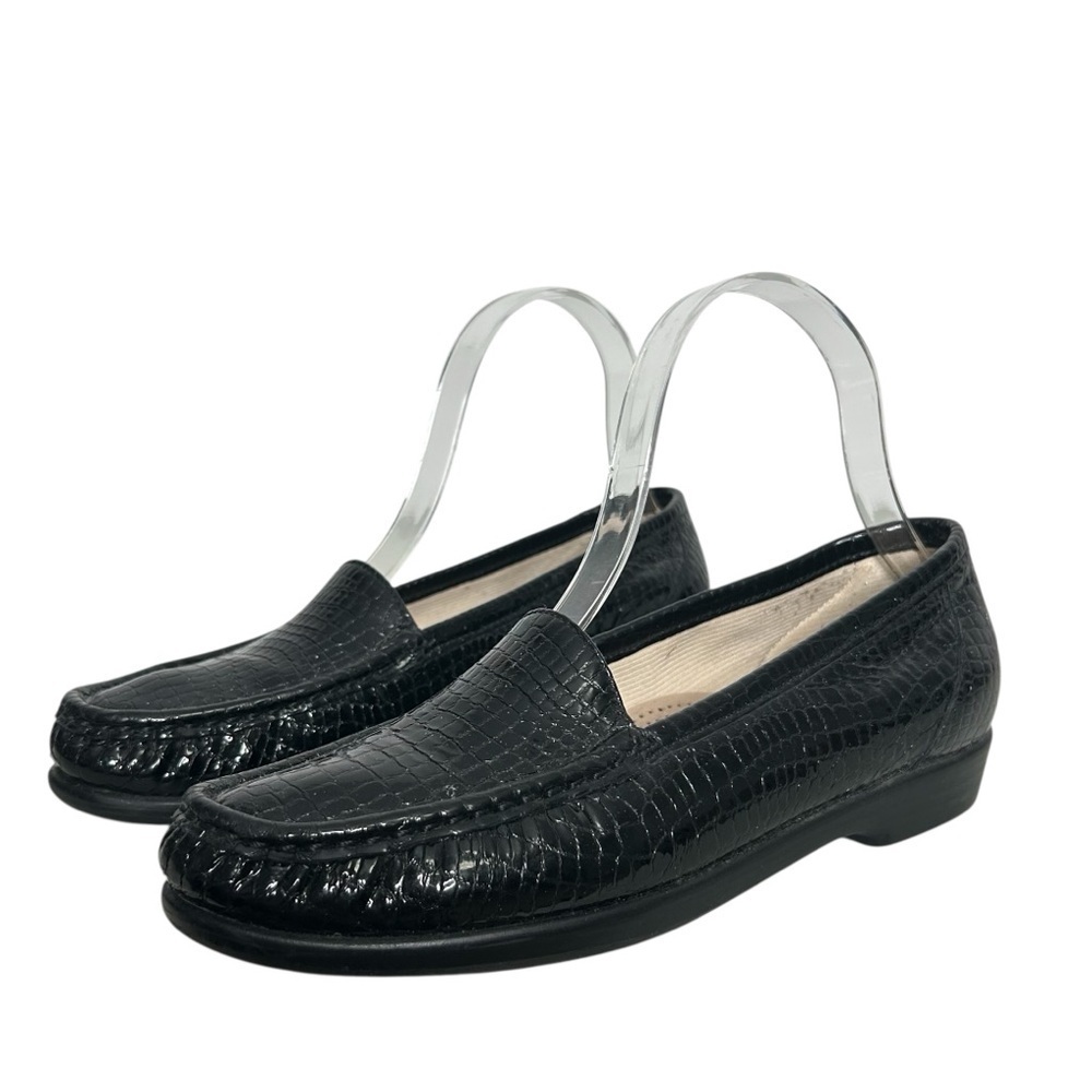 SAS Simplify Moccasin Slip On Comfort Loafers Black Croc Leather Size 7.5N